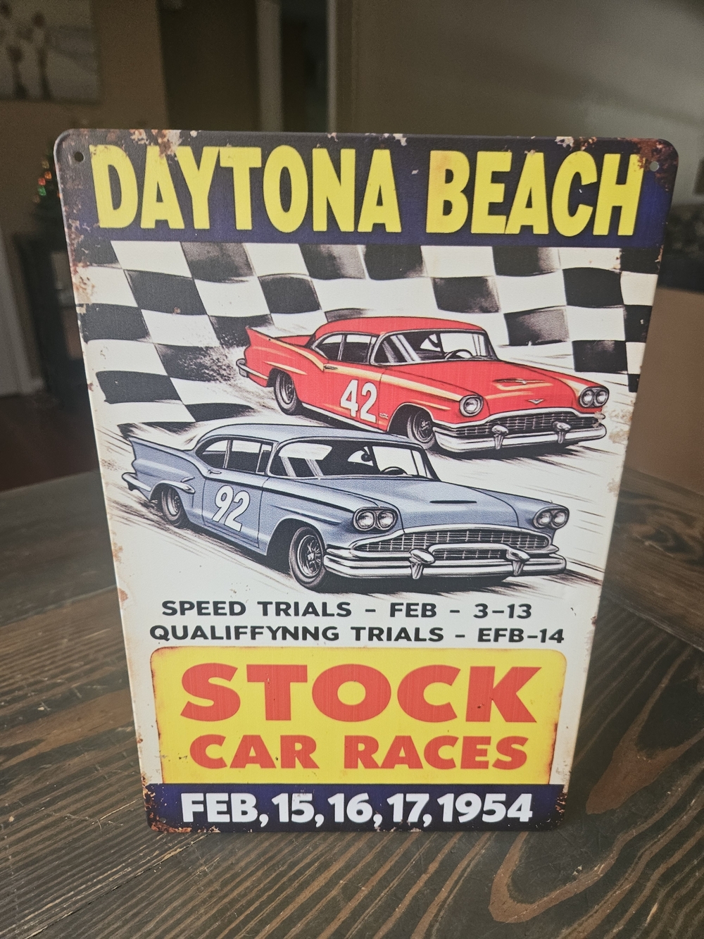 Daytona Beach Vintage Stock Car Races Tin Sign - Red & Light Blue